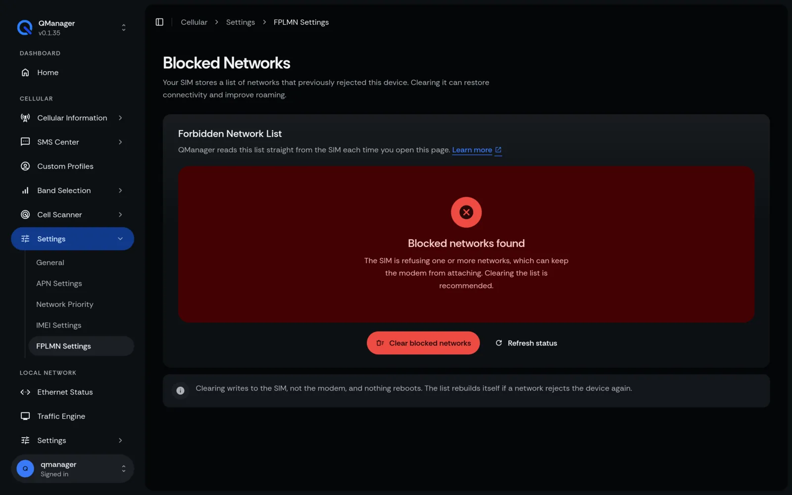 QManager RM551E Blocked networks (FPLMN) screen