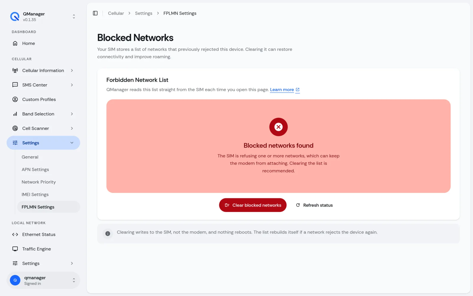 QManager RM551E Blocked networks (FPLMN) screen