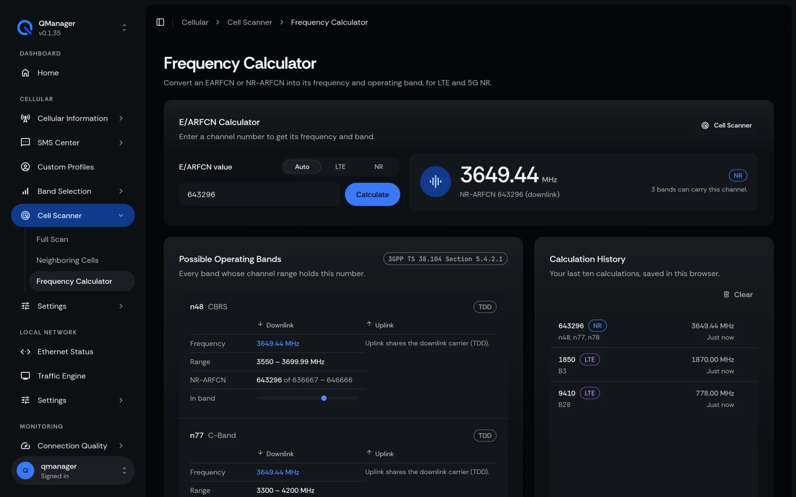 QManager RM551E Frequency calculator screen