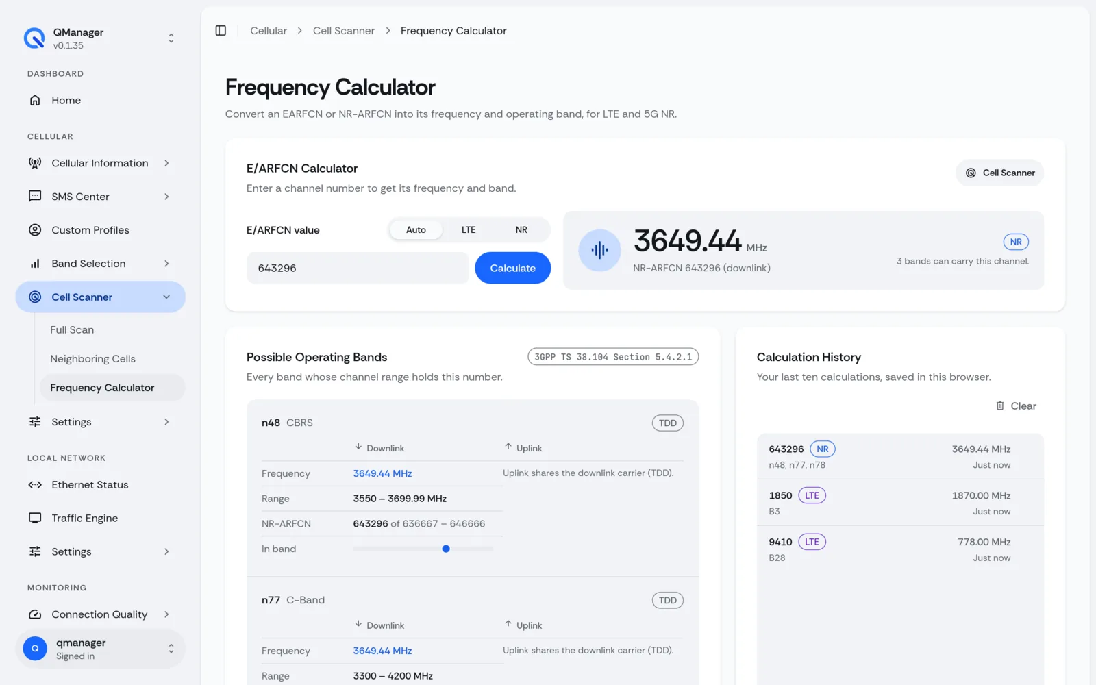 QManager RM551E Frequency calculator screen