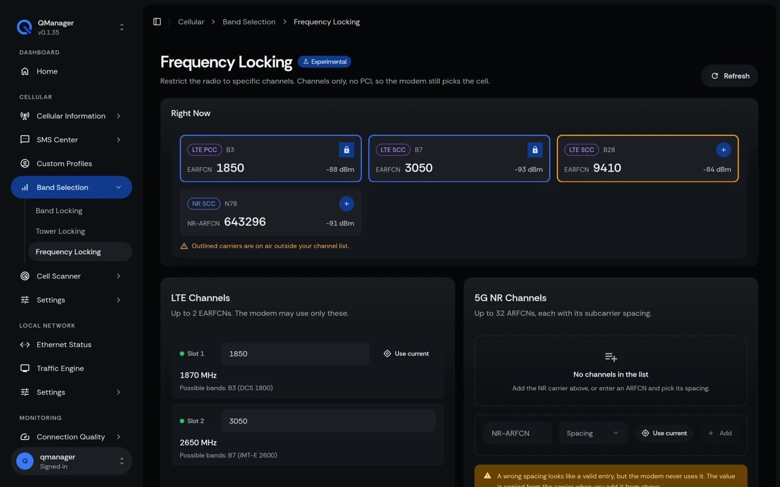 QManager RM551E Frequency locking screen
