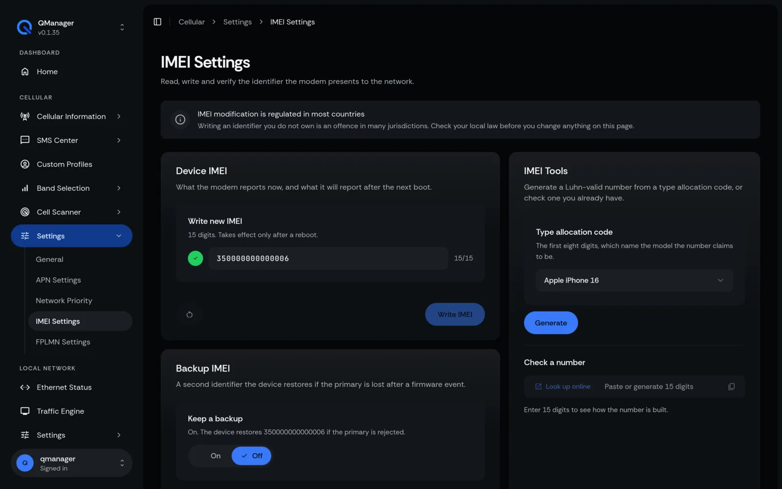 QManager RM551E IMEI settings screen