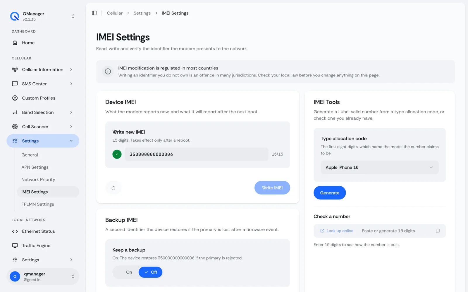 QManager RM551E IMEI settings screen