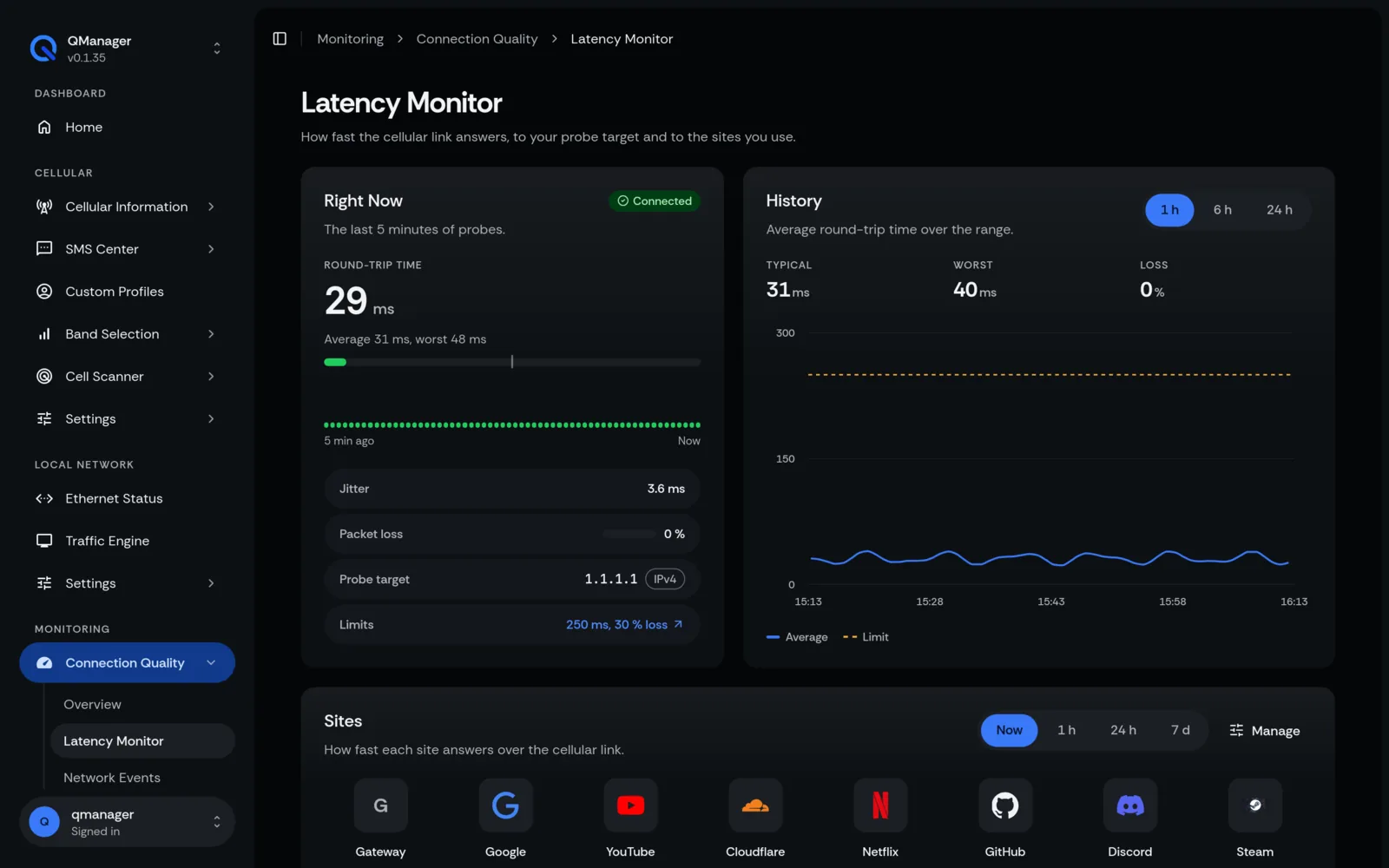 QManager RM551E Latency monitor screen