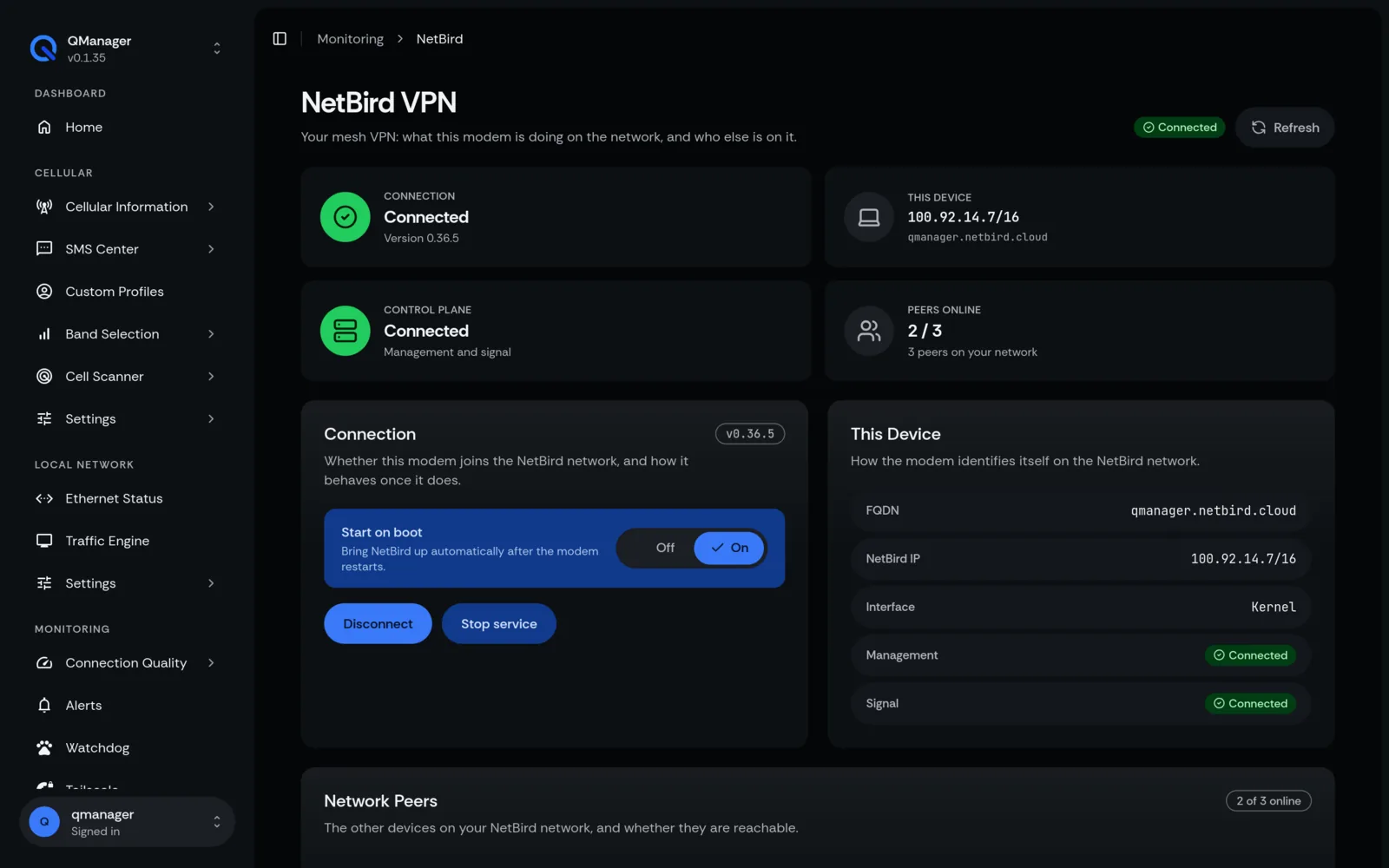 QManager RM551E NetBird VPN screen