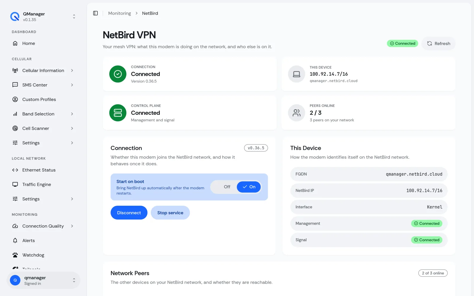 QManager RM551E NetBird VPN screen