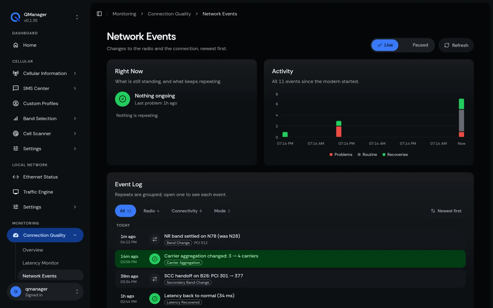 QManager RM551E Network events screen
