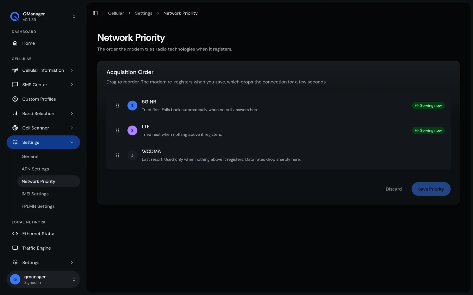 QManager RM551E Network priority screen