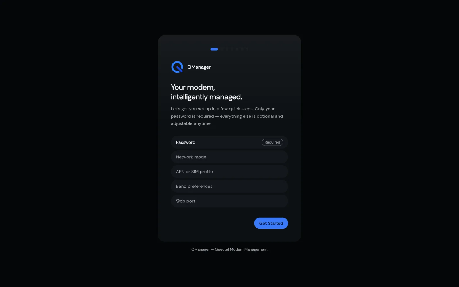 QManager RM551E First-time setup wizard screen