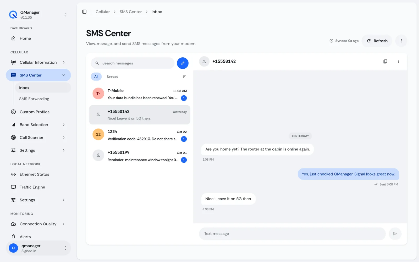 QManager RM551E SMS conversation screen