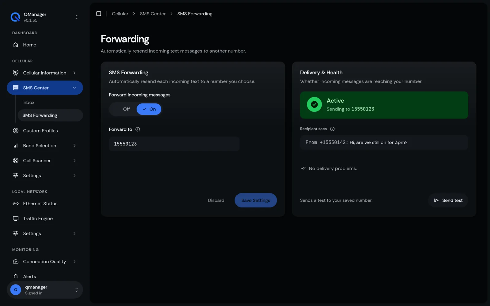 QManager RM551E SMS forwarding screen