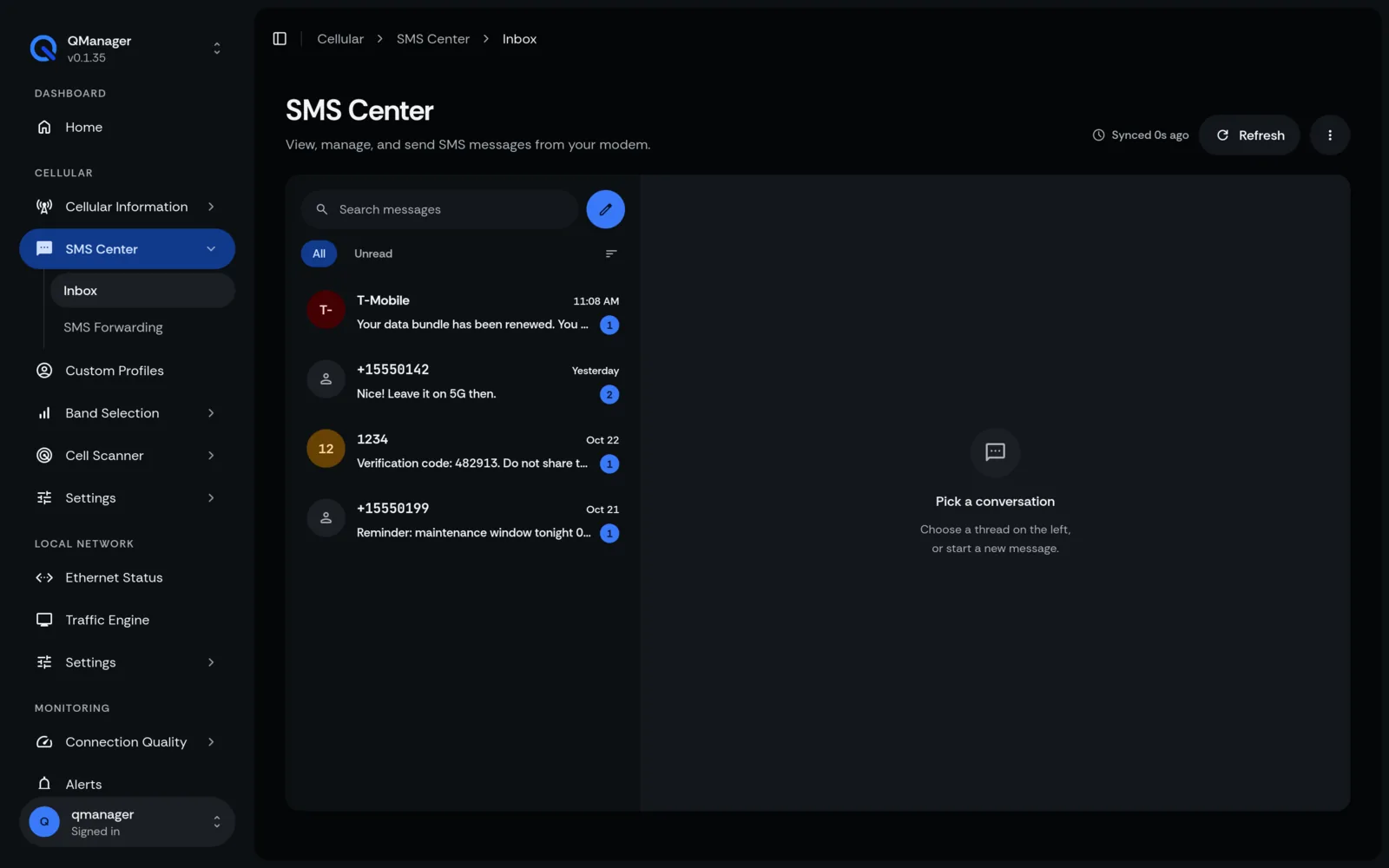 QManager RM551E SMS inbox screen