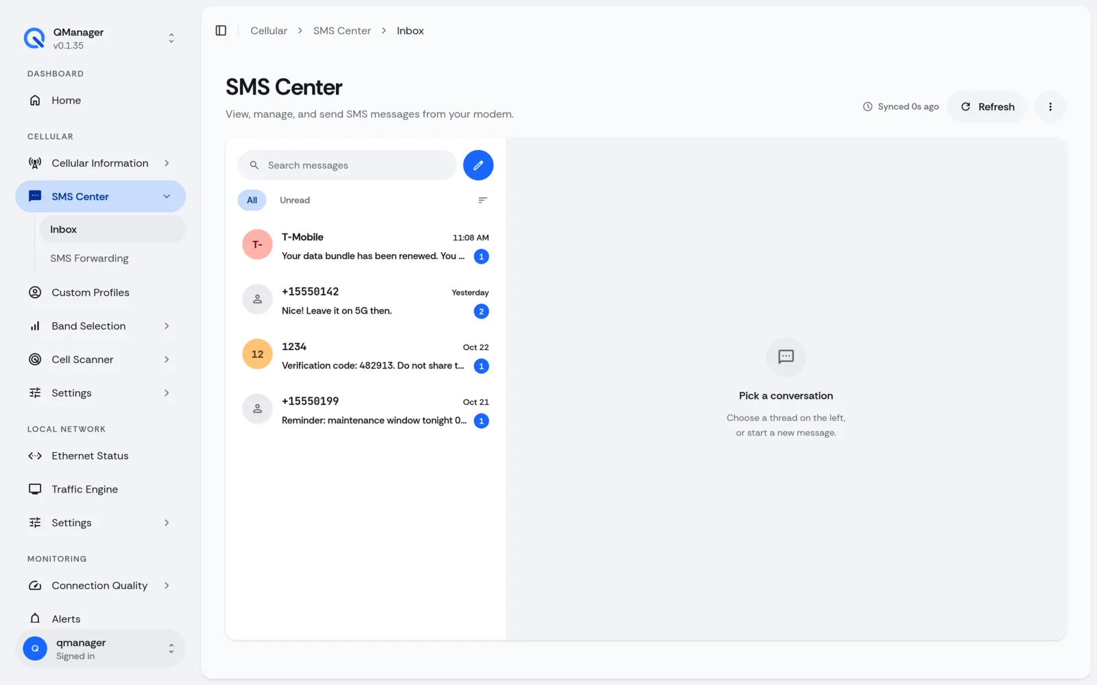 QManager RM551E SMS inbox screen