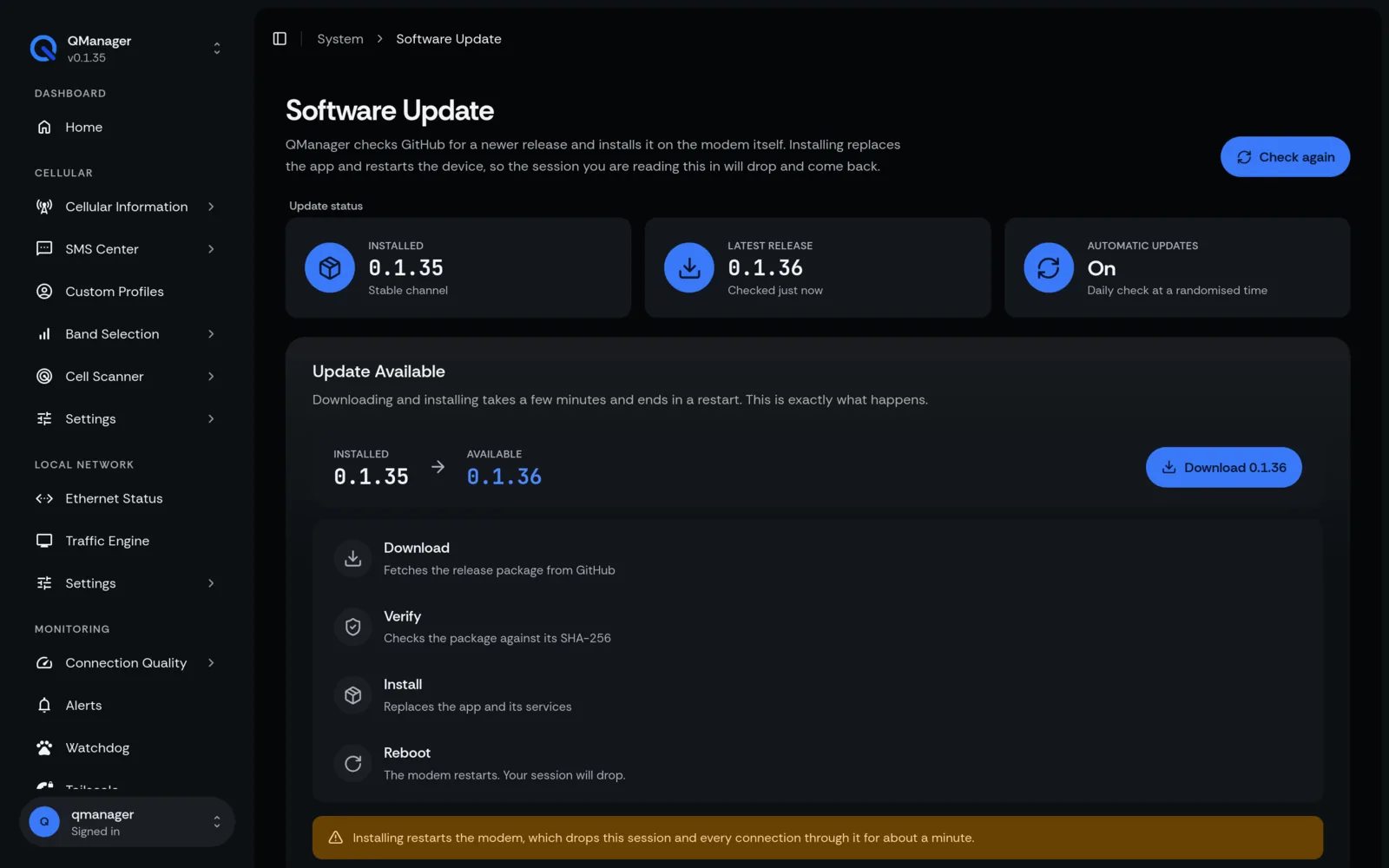 QManager RM551E Software update screen