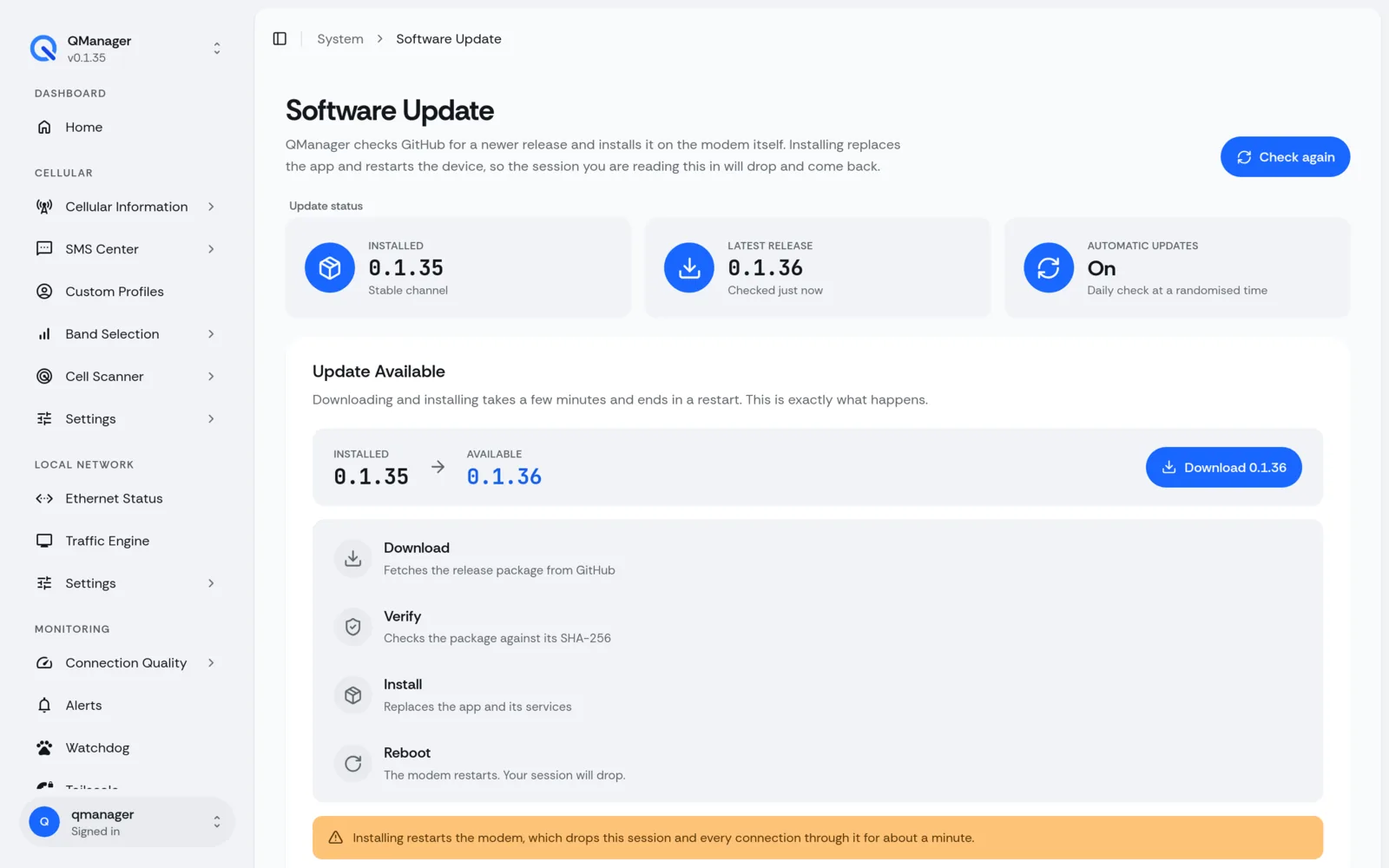 QManager RM551E Software update screen
