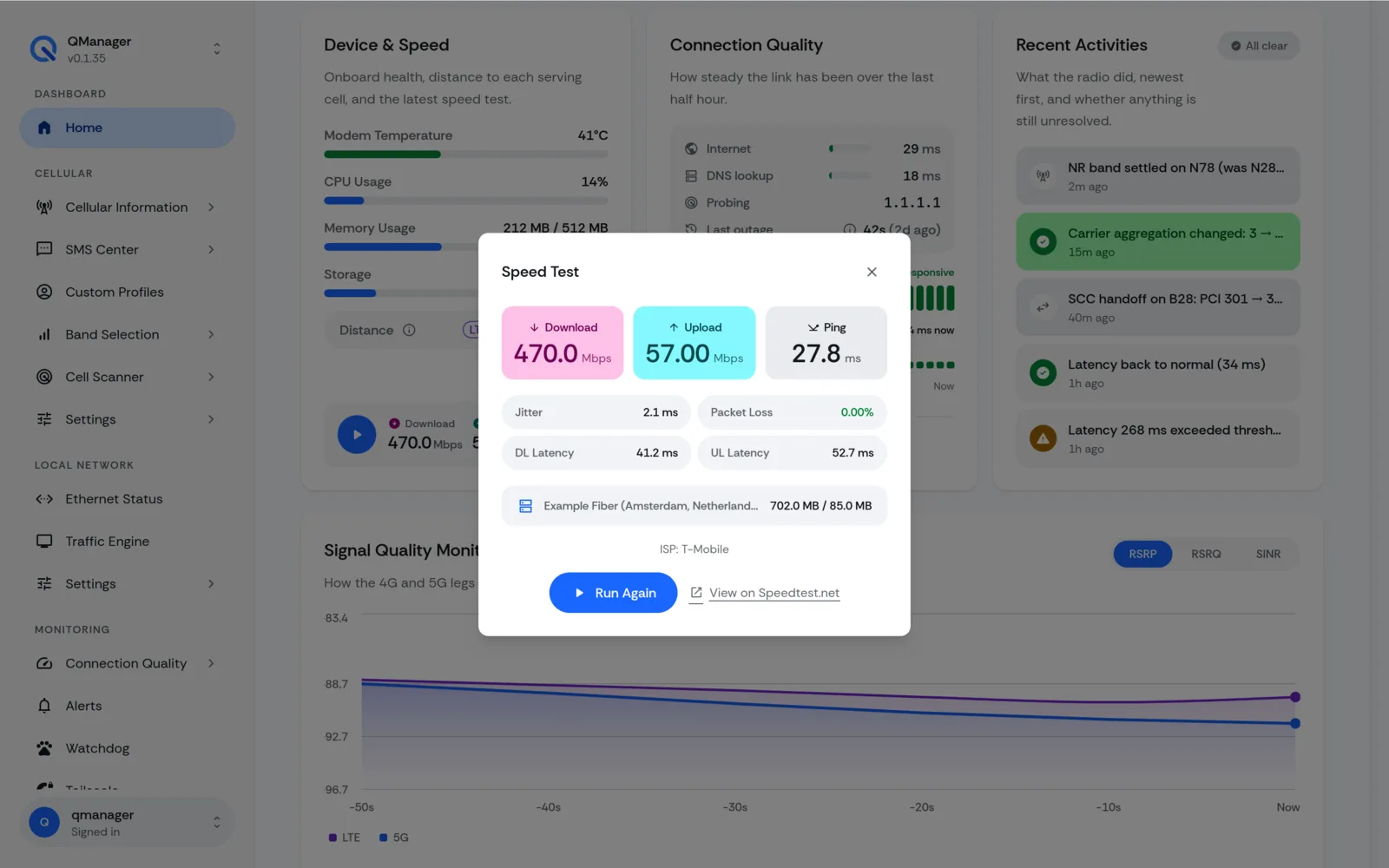 QManager RM551E Speed test screen