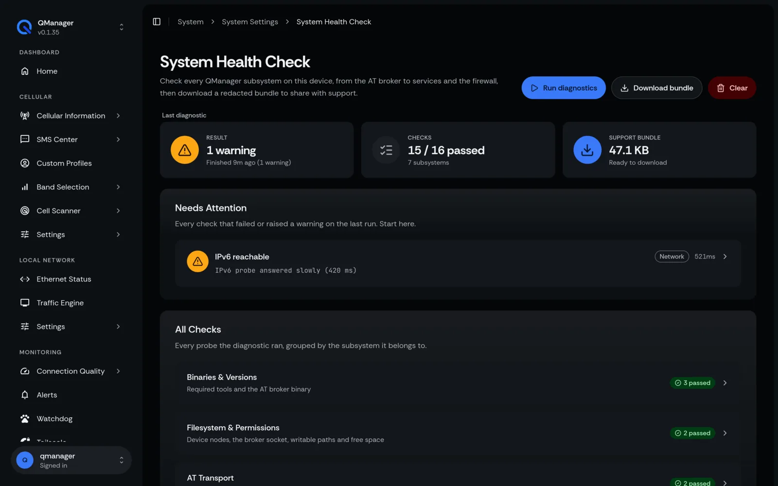 QManager RM551E System health check screen
