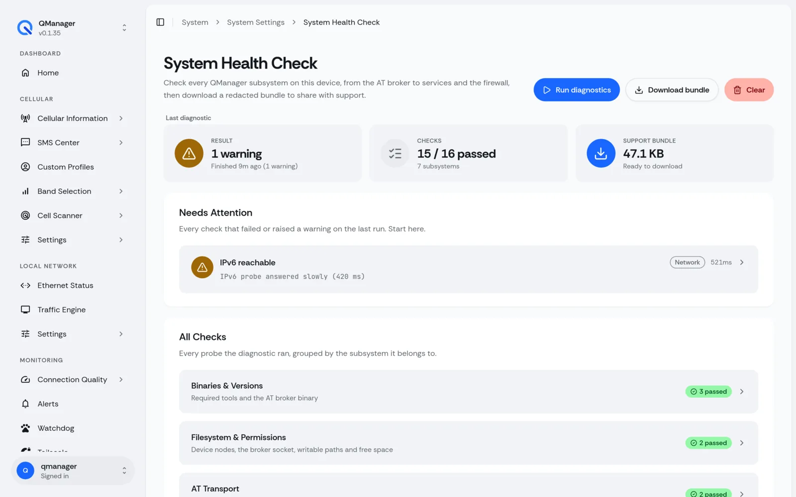 QManager RM551E System health check screen
