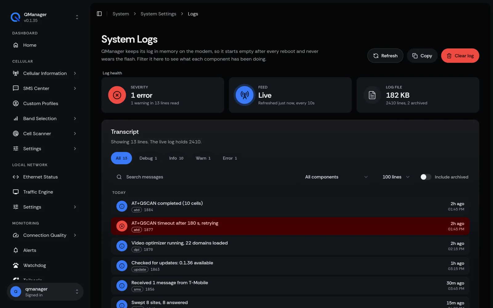 QManager RM551E System logs screen
