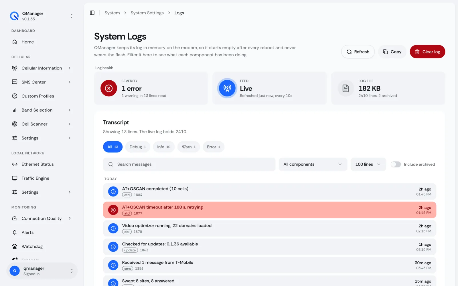 QManager RM551E System logs screen