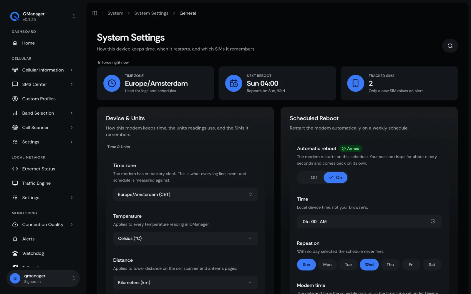 QManager RM551E System settings screen