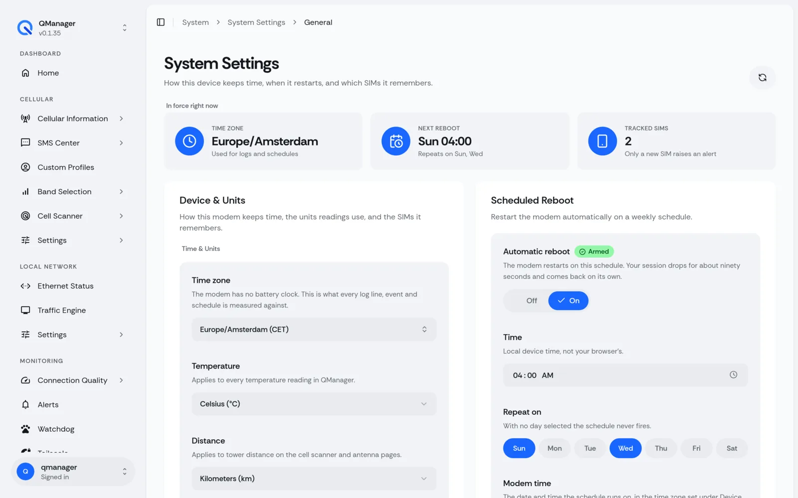 QManager RM551E System settings screen