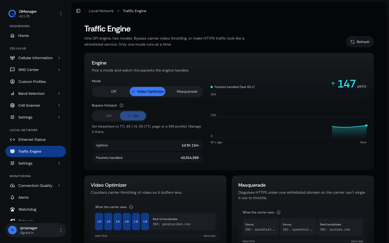 QManager RM551E Traffic engine (DPI) screen