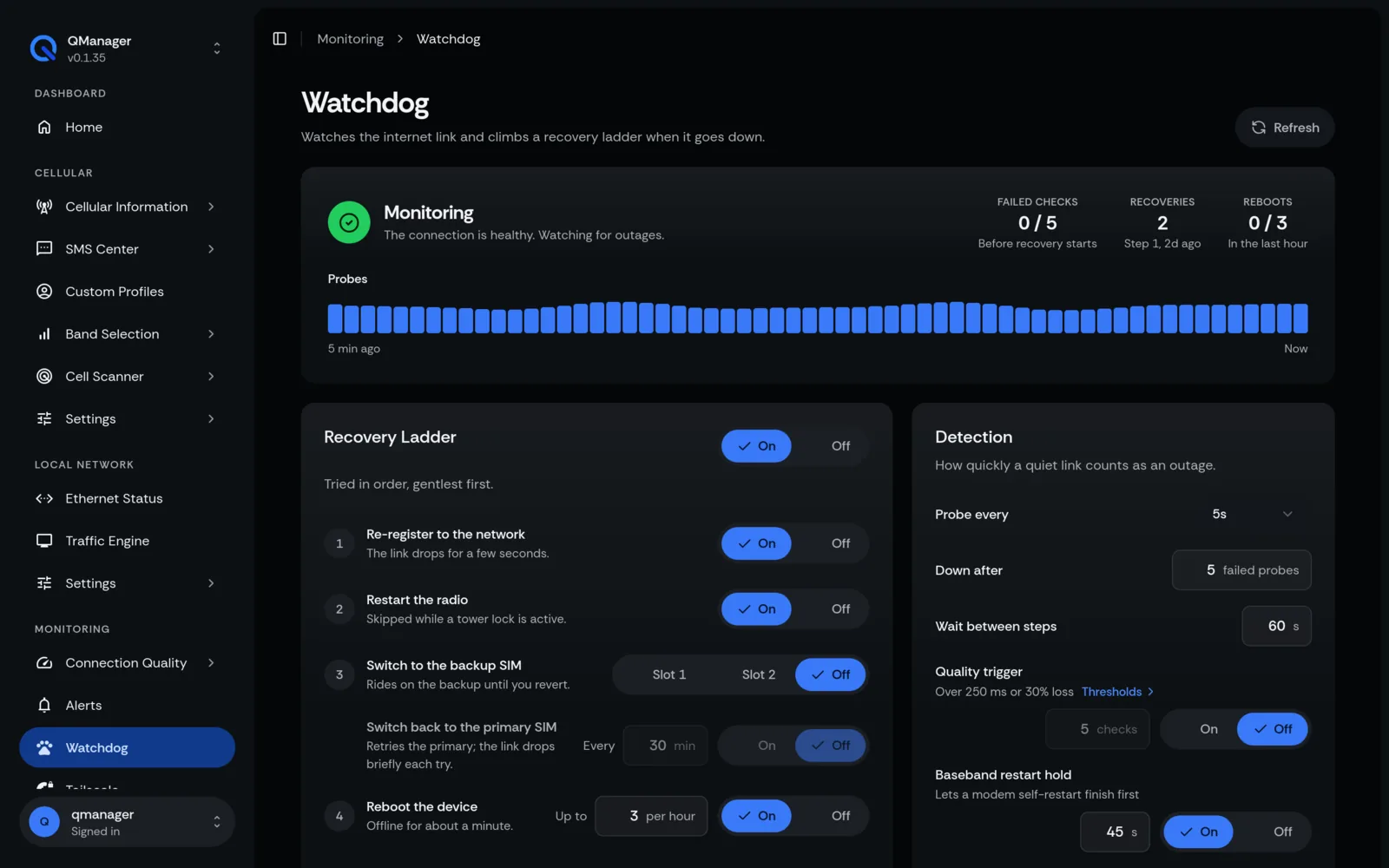QManager RM551E Connection watchdog screen
