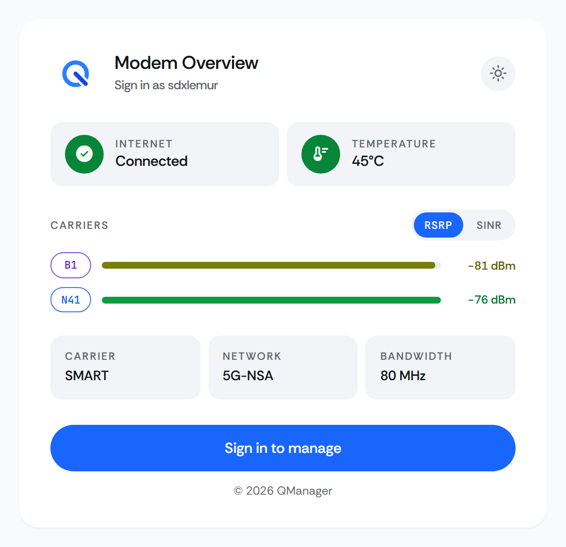 QManager modem overview on an RM520N-GL: connected on 5G-NSA, bands B1 and N41, 80 MHz bandwidth